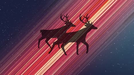 Animation-of-snow-falling-over-reindeer-moving-on-colorful-background