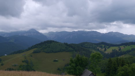 Vista-Panorámica-De-Altas-Montañas-A-Lo-Lejos,-Prados-Verdes-Con-Bosques-De-Abetos-Y-Casas-Antiguas-Abandonadas-Bajo-Un-Cielo-Nublado