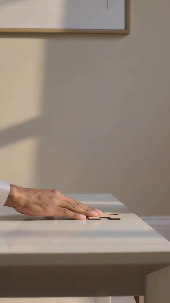 Vertical video: Entering left hand in pale cuff placing oak blocks at desk sliding in sun aligning