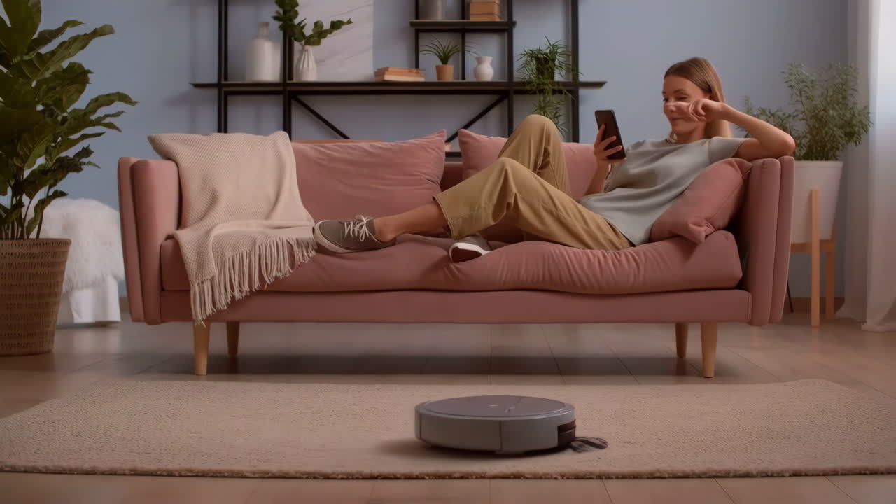 Woman relaxing on sofa while robot vacuum cleans living room