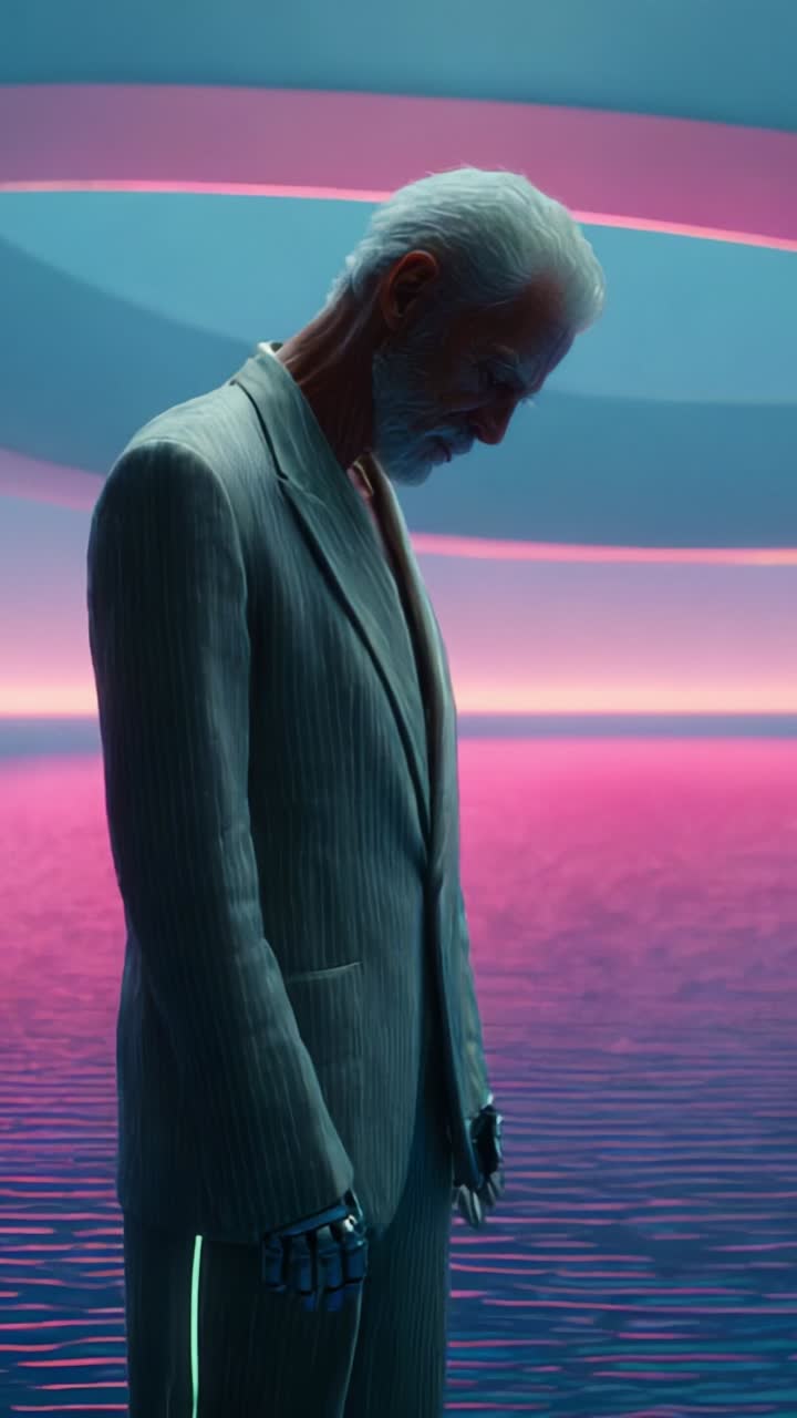Sosok kontemplatif dalam balutan pakaian futuristik berdiri dengan latar belakang neon yang cerah, menggabungkan teknologi dan emosi dalam eksplorasi visual identitas yang memukau