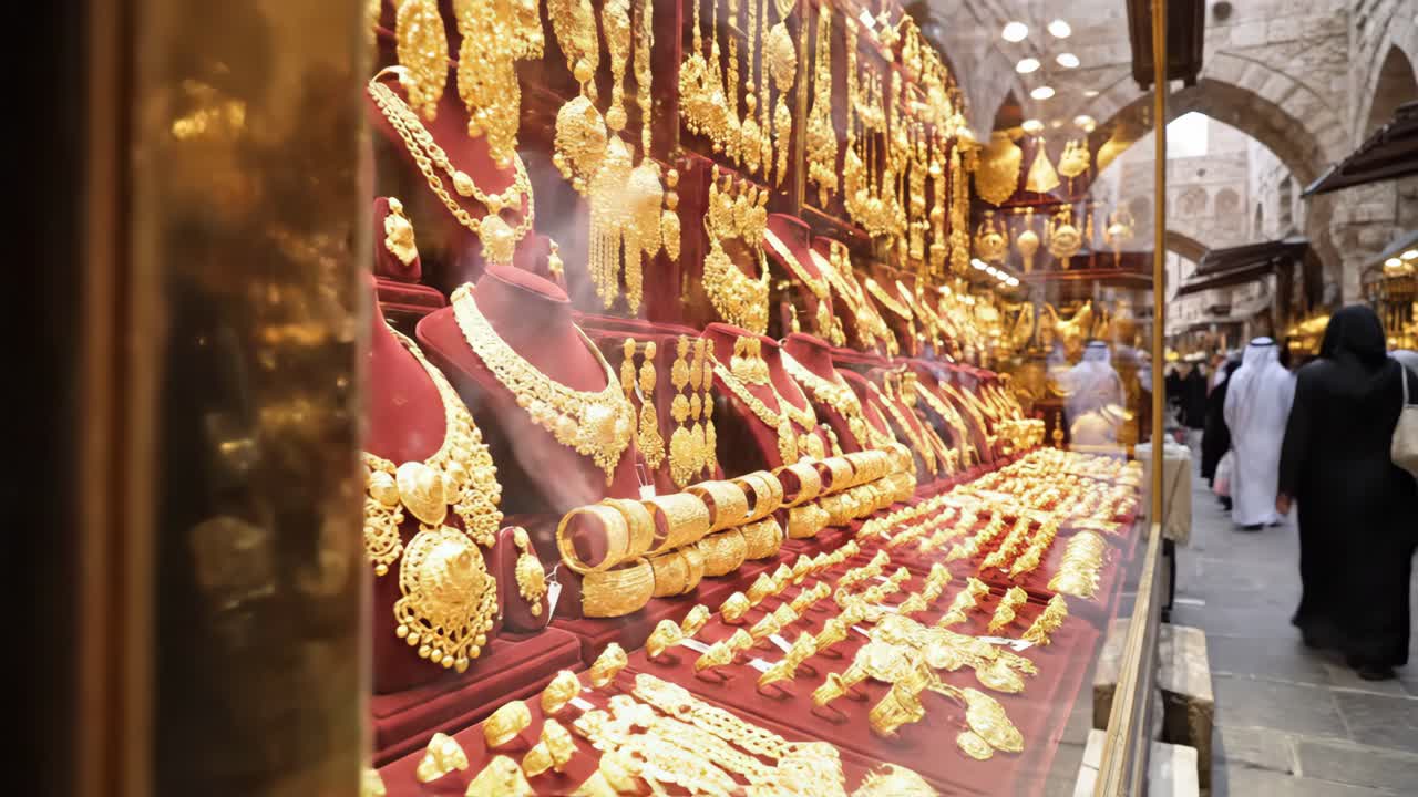 Gold jewelry display in historic market