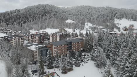 a picturesque mountain village nestled in the snow-covered hills, surrounded by frosty trees