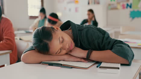 tired, sleeping teenager and girl in classroom