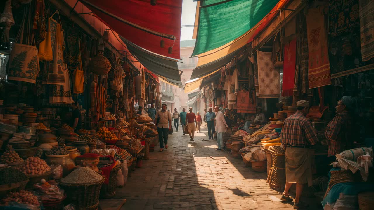 Walking man in red shirt heading toward exit market alley with people entering baskets rugs pottery