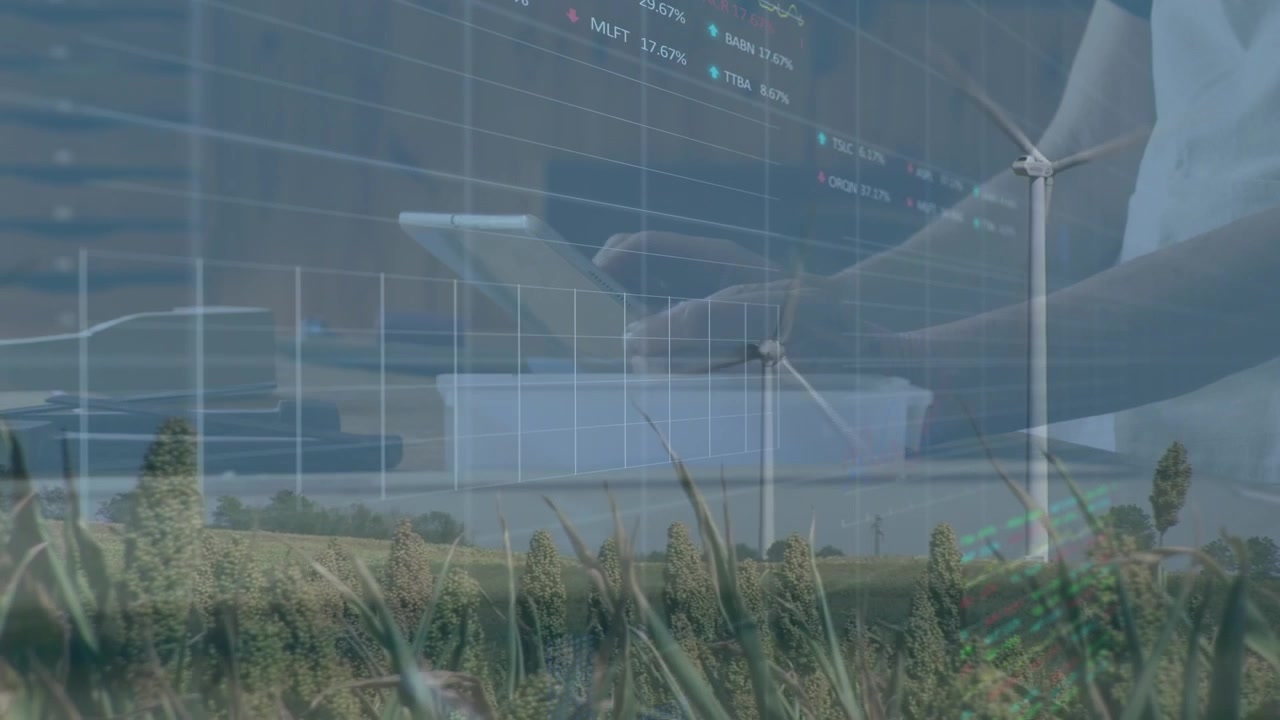 Animazione di dati finanziari e donna d'affari su turbina eolica