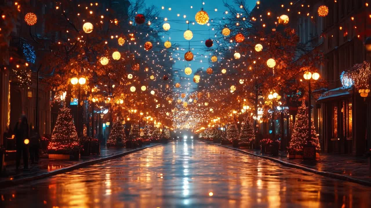 City Street Decorated for Christmas