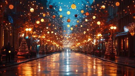 city street decorated for christmas