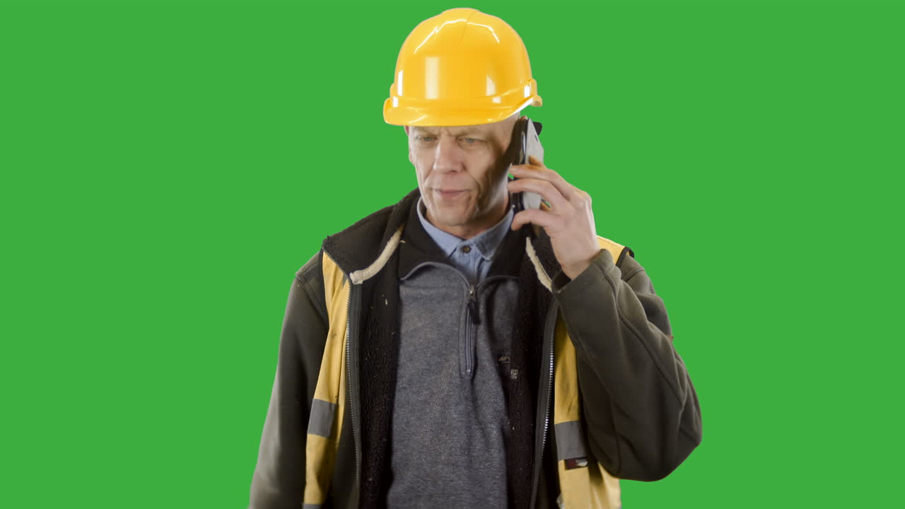 un trabajador de la construcción está hablando en su teléfono móvil