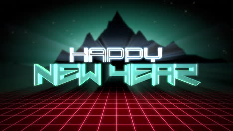 feliz año nuevo con montaña y rejilla roja retro en la noche al estilo de los años 80