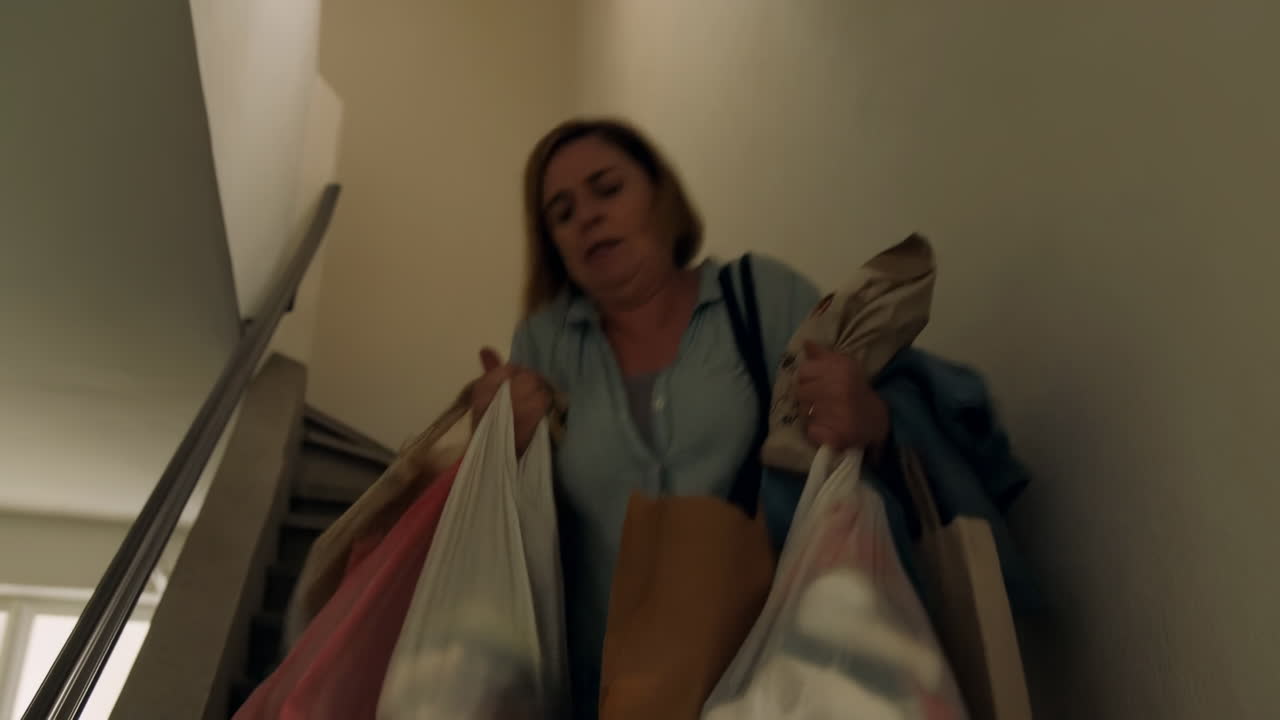 Mujer luchando por subir escaleras con muchas bolsas de compra
