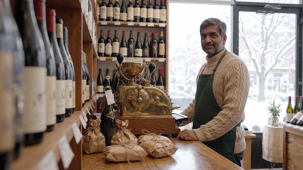 Un'accogliente esperienza in enoteca con un negoziante amichevole, un registratore di cassa vecchio stile e bottiglie incartate, in un'ambientazione invernale innevata.