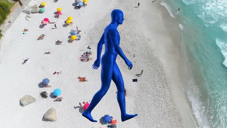 digital composition of human model walking against aerial view of the beach