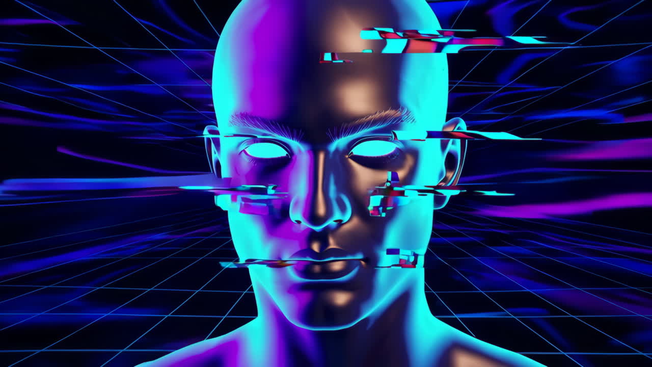 Testa digitale futuristica con effetto glitch e griglia cyberpunk al neon