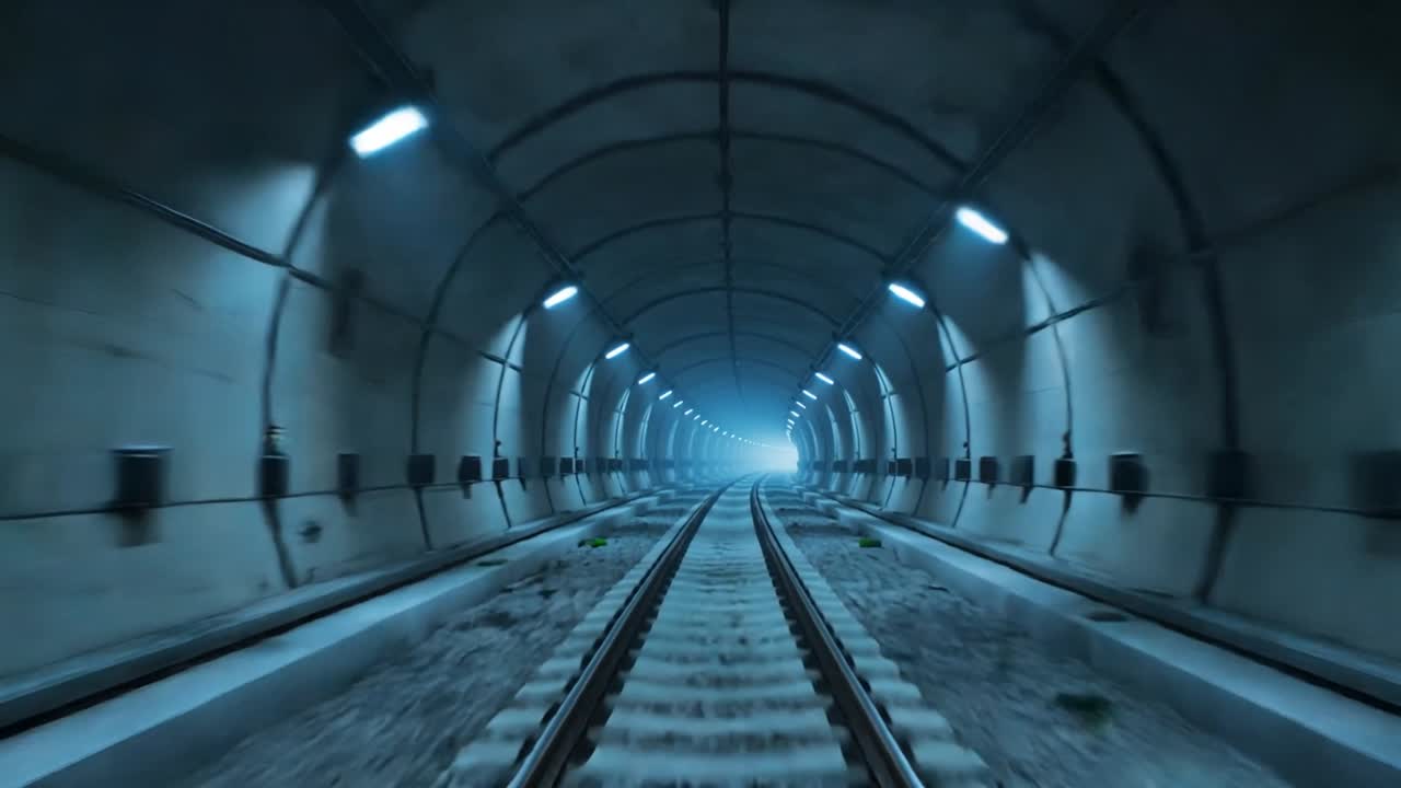 Telecamera che avanza attraverso un tunnel ferroviario, rivelando una sfocatura di movimento su binari e luci per il transito