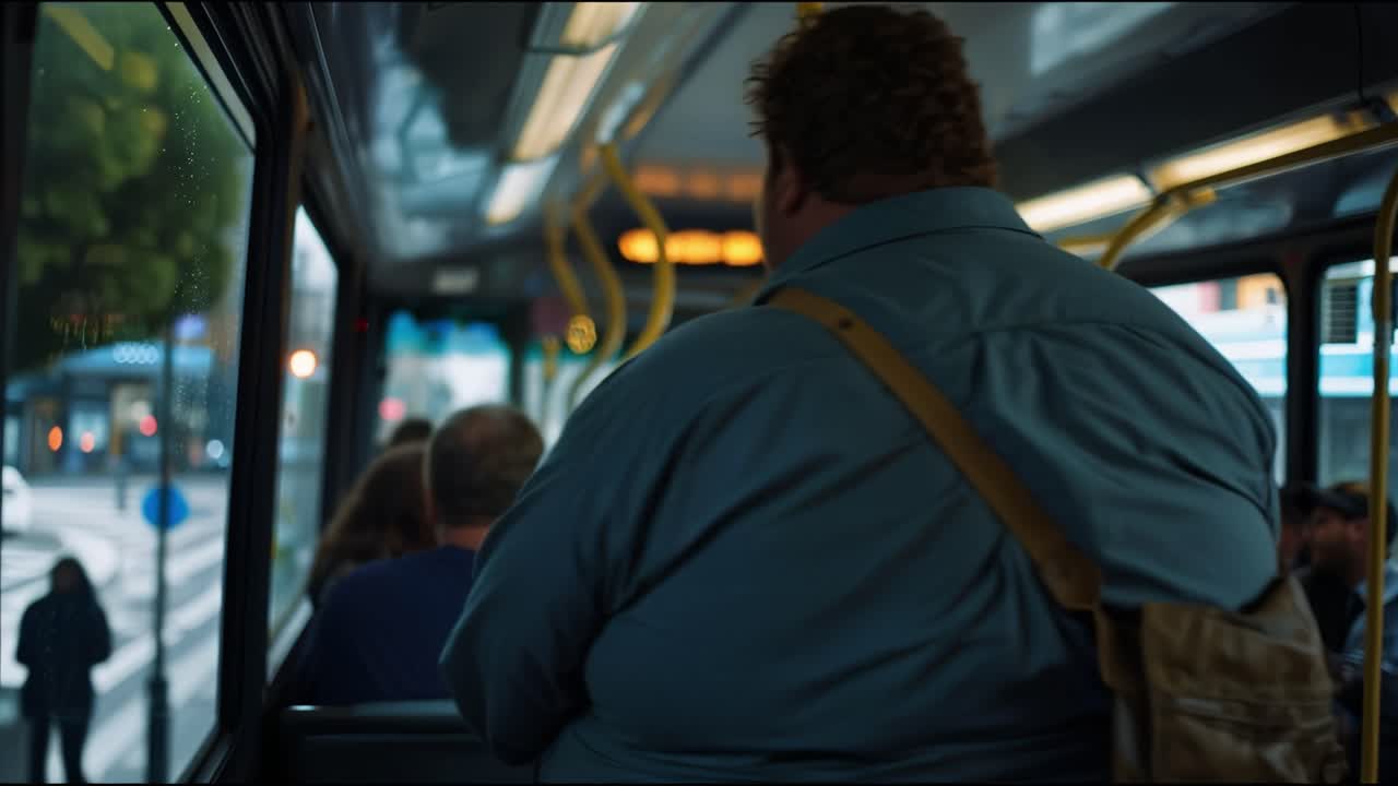 Man stands on city bus, facing forward. He wears a blue shirt, carries a brown bag. Yellow handrails line the bus's interior. City streets blur through the windows. Passengers sit nearby
