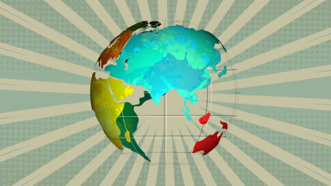 animation of spinning globe against green radial rays in seamless pattern on grey background