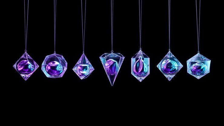 Set of Hanging Geometric Glass Ornaments with Iridescent Liquid