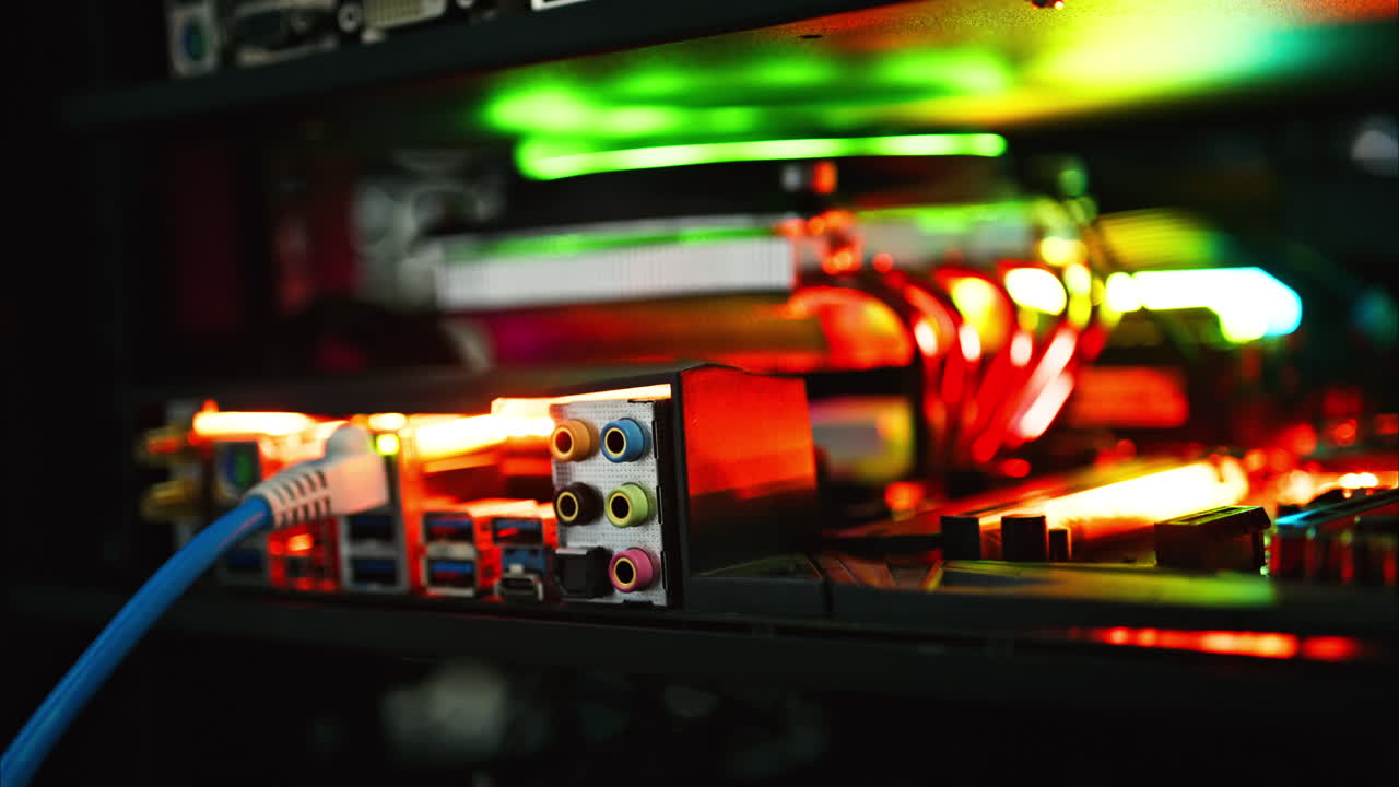 Close up of a server with flashing colourful lights in a data center