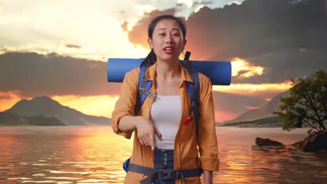 excursionista femenina asiática con mochila de montañismo haciendo cara insatisfecha y gritando a alguien mientras está de pie en un lago durante el atardecer