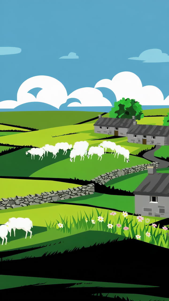 Idyllic Rural Landscape with Sheep, Cottages, and Rolling Green Hills