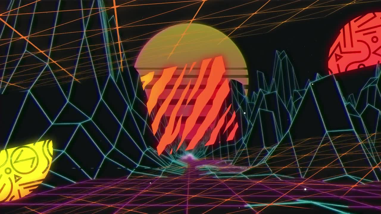 animación de formas abstractas y estructuras del metaverso sobre una red de cuadrícula contra un fondo negro