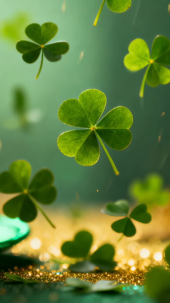Vertical video: Sparkling dust nudging clovers, rotating and settling on golden glitter, teal left