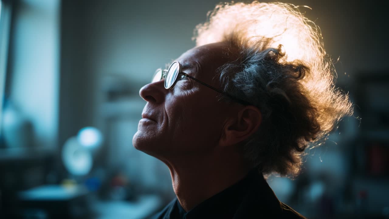 A thoughtful individual, with curly hair illuminated by soft light, gazes upward with a serene expression, reflecting a moment of introspection and creativity