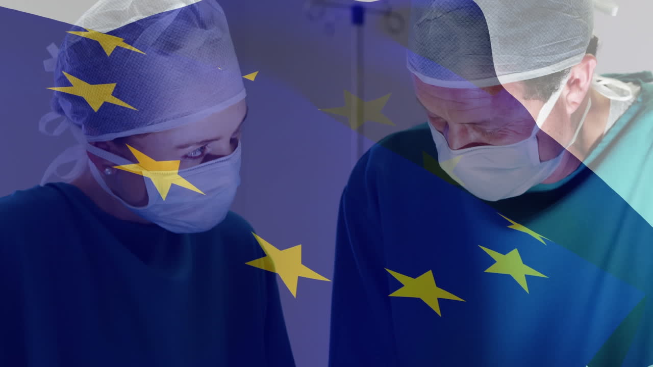 animación de la bandera de la ue sobre los médicos durante la cirugía