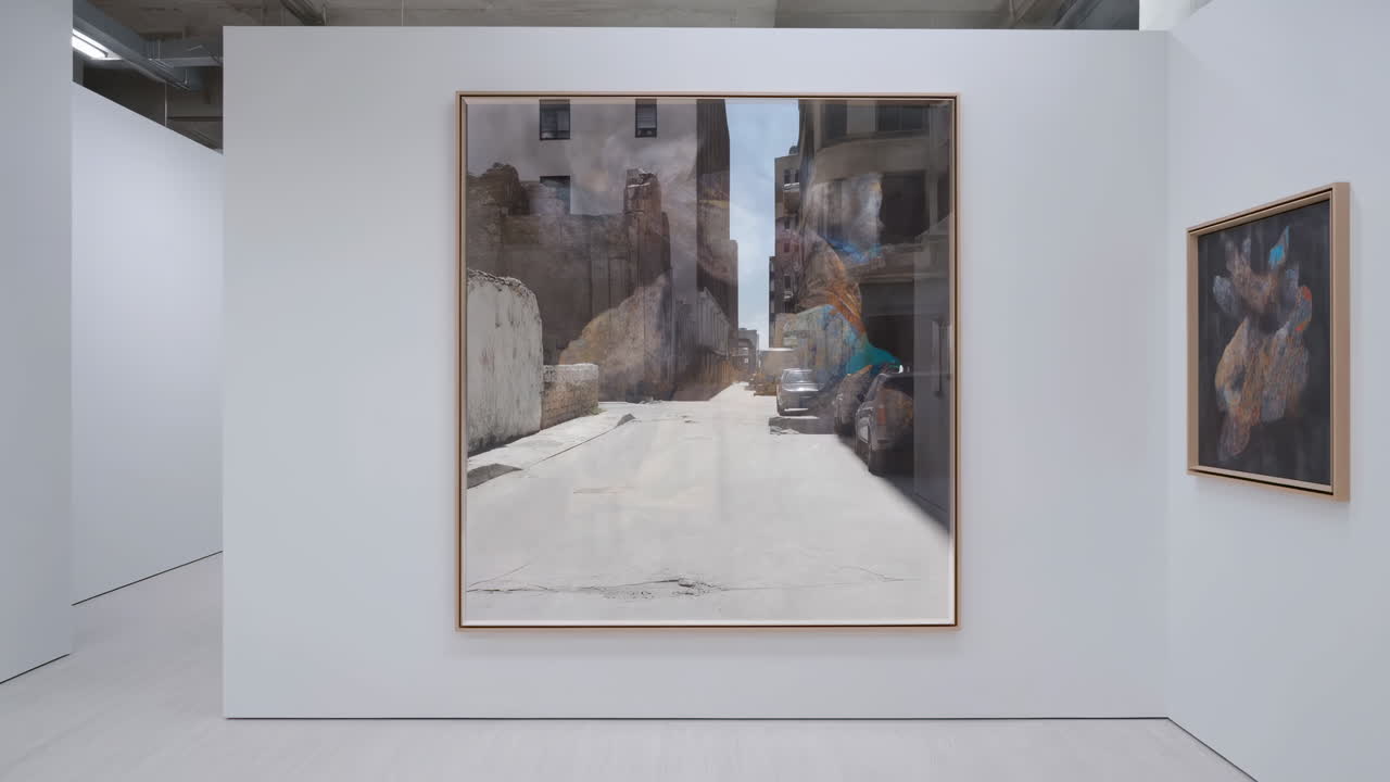 Grande Opera d'Arte Incorniciata Esposta in una Moderna Galleria d'Arte