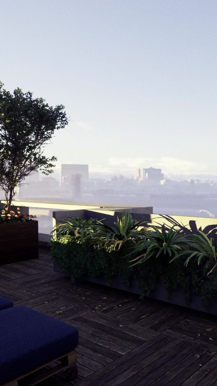 Vista da un giardino pensile in città durante il giorno con piante e mobili