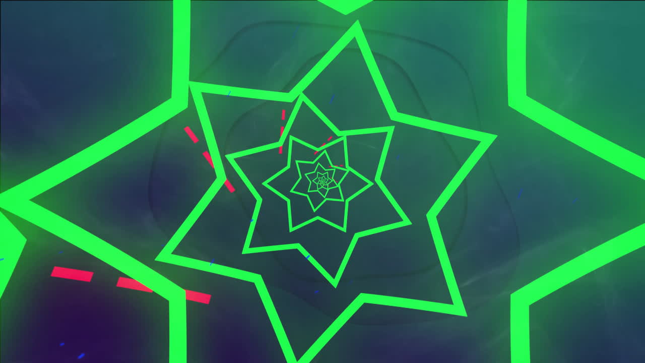 Green star-shaped patterns and red lines animation over dark background