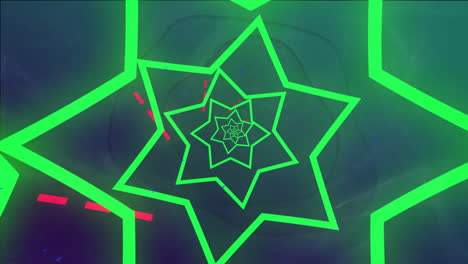 green star-shaped patterns and red lines animation over dark background