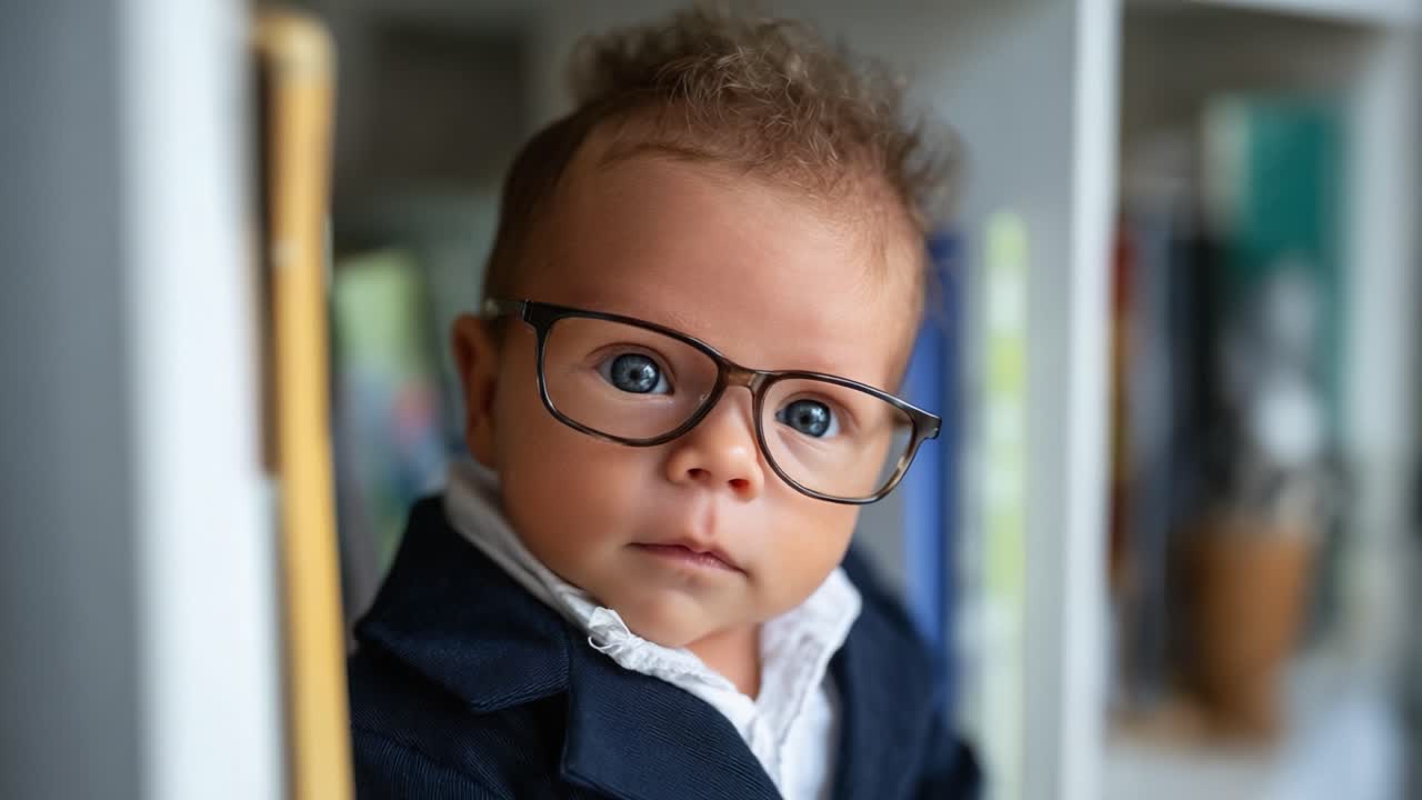Criança adorável de óculos com uma roupa elegante chama a atenção em um plano de fundo de estante de livros, mostrando curiosidade e inocência em um ambiente de sala de aula