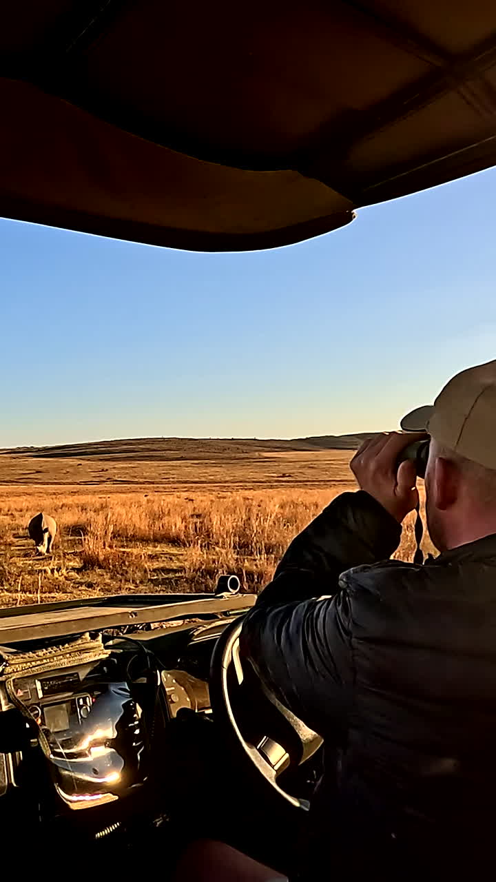 Vertical, Anti-poaching security guard scans area for poaching threat of rhinos