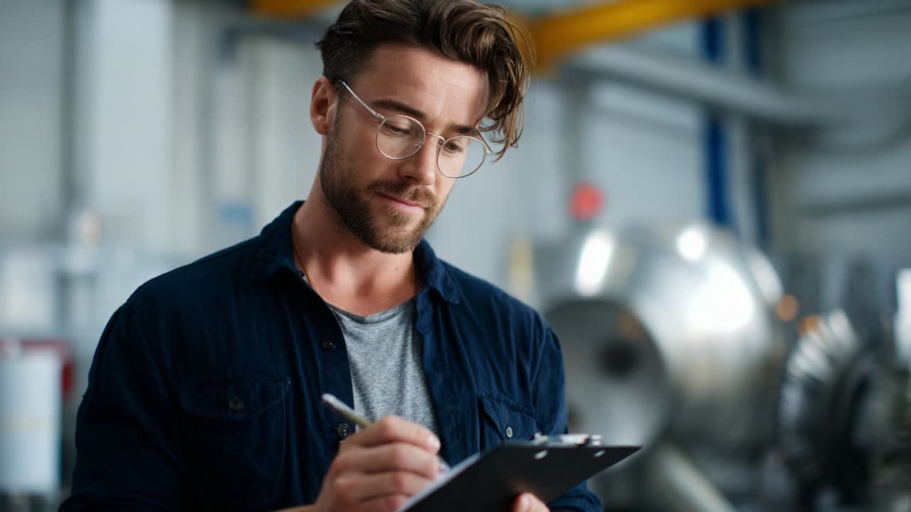A focused man, dressed casually with stylish glasses, diligently takes notes on a clipboard in a well-equipped industrial setting, showcasing a blend of professionalism and concentration in his work environment