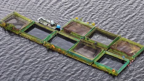 overhead drone footage tracks floating fish cages and a small boat on a rippling reservoir, with steady movement and natural daylight enhancing detail