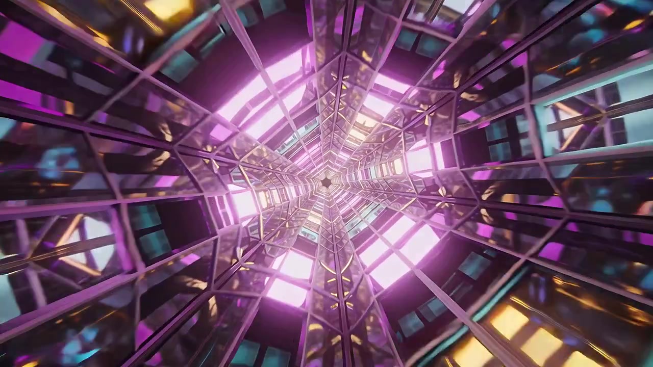 Telecamera che avanza in un corridoio CGI, con un tunnel a reticolo metallico esagonale che si restringe verso l'interno, rivelando un bagliore.
