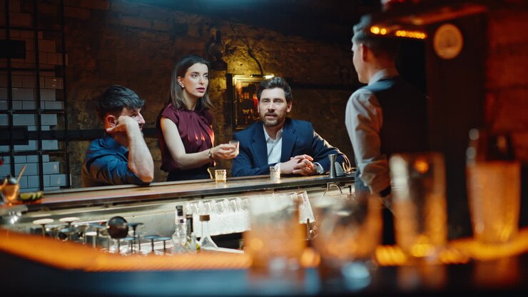 Amici che si divertono a un bar. Colleghi allegri che si godono degli shot