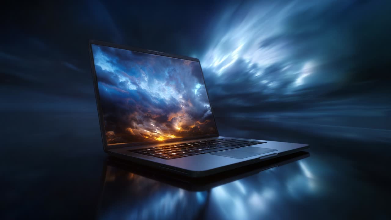 A stunning view of a laptop showcasing a mesmerizing display of clouds and lighting as it contrasts with a dark background, symbolizing the intersection of technology and nature's beauty