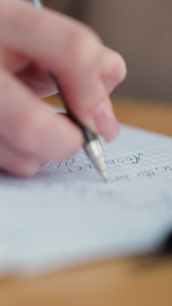 Close-up of student taking notes in notebook with pen on woven cloth placed on wooden table, focused writing activity with soft lighting and natural wooden surface