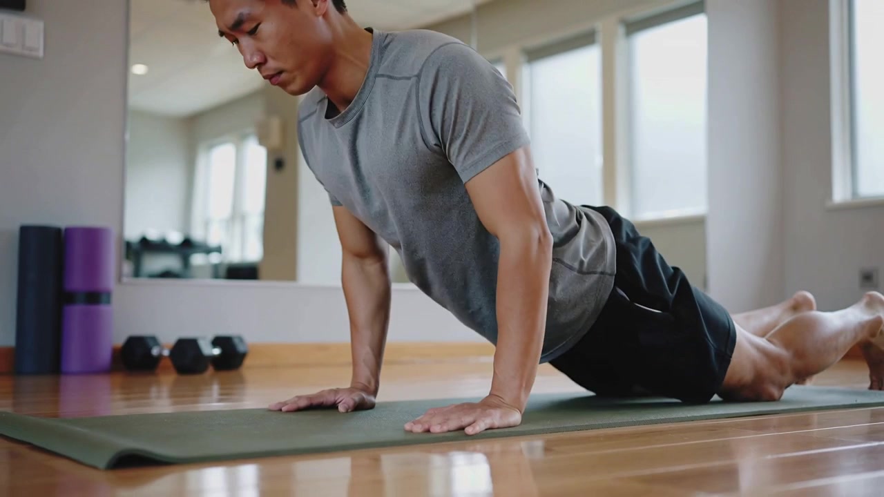 Starting low push-up, man in grey shirt performing push-ups on green mat at home, keeping form