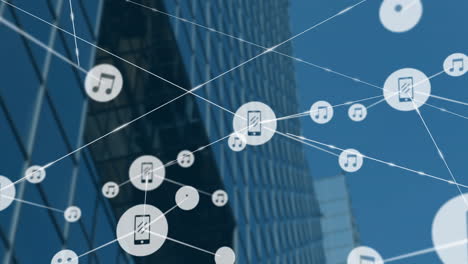 network of connected devices and music icons animation over city buildings