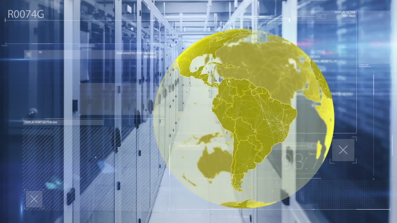 Animation of globe and data processing over businessman using computer servers