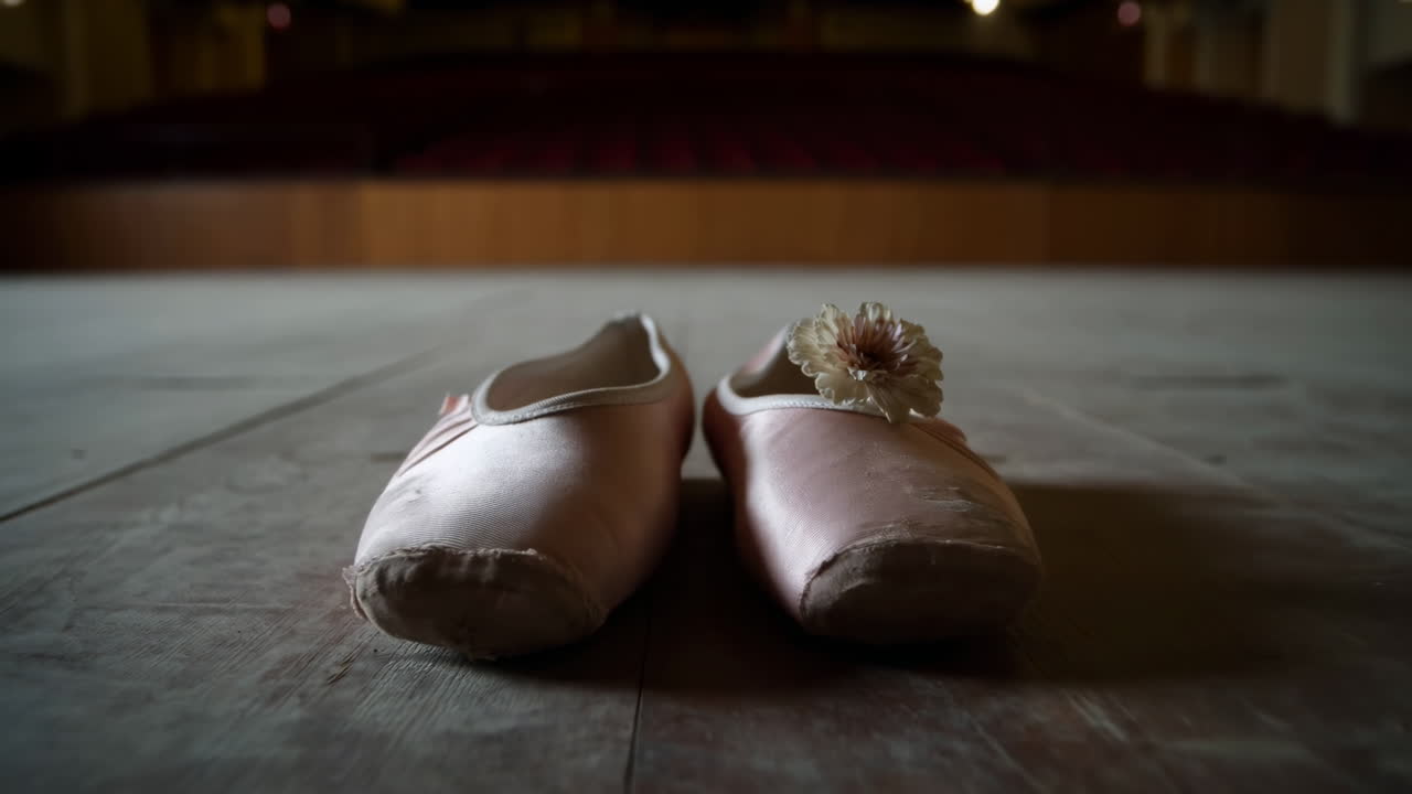 Scarpe da punta rosa su palco di legno, auditorium vuoto in una luce soffusa. Raso consumato con un singolo motivo floreale.