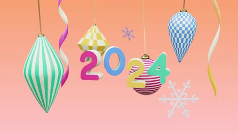 Animation-of-2024-number-over-new-year-and-christmas-decorations-on-pink-background