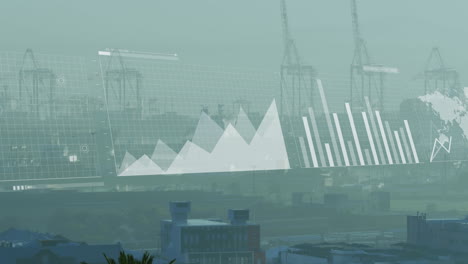 animation of financial data processing over cityscape