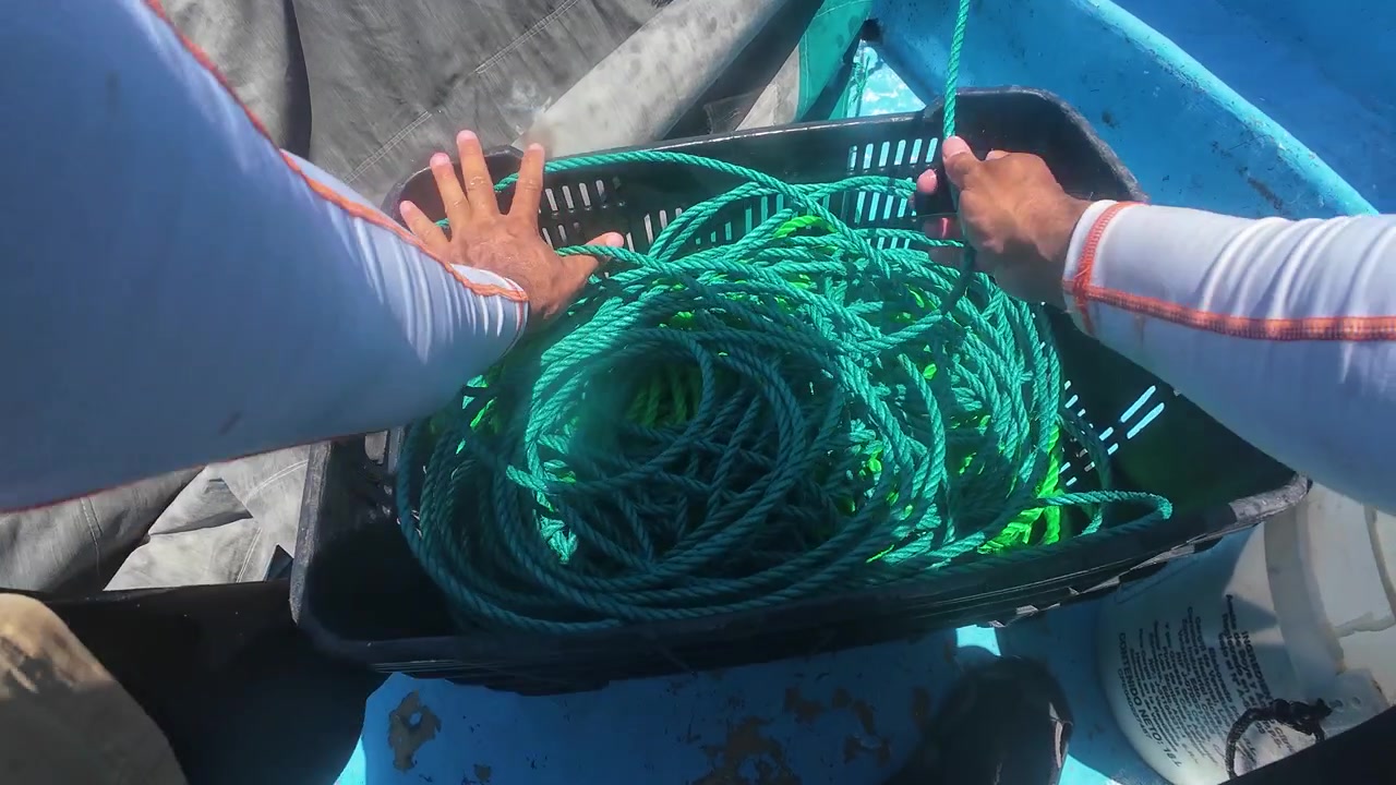 Authentic POV shot skilled fisherman organizing green ropes into a crate, showcasing the daily routine and technical preparation of artisanal fishing.