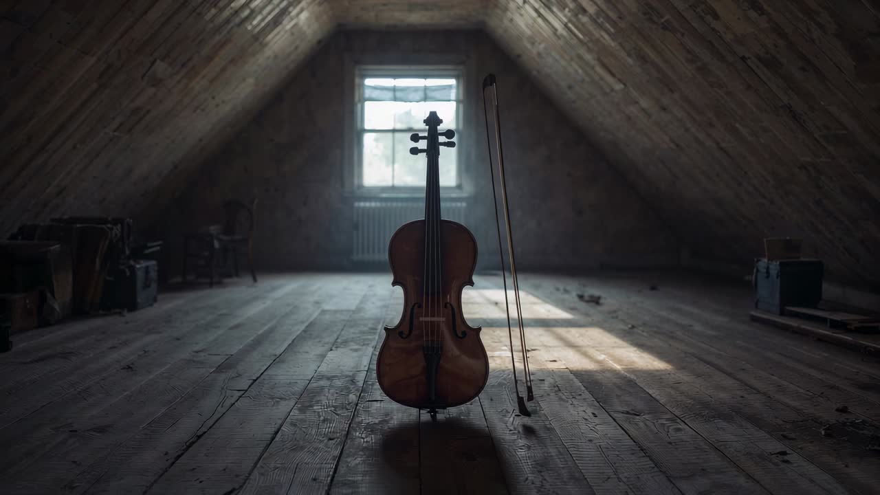 Violoncello in legno verticale che proietta un'ombra soffice su assi del pavimento usurate in un loft mansardato, con archetto