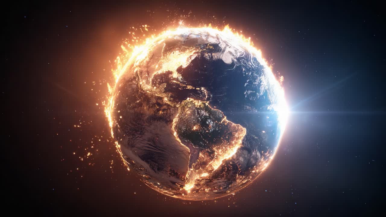 Una straordinaria visualizzazione della Terra circondata dalle fiamme, che ritrae uno scenario drammatico e apocalittico del nostro pianeta sotto assedio con energia infuocata e bellezza cosmica